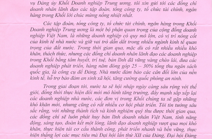 Đồng chí Bí thư Đảng ủy khối Doanh nghiệp Trung ương gửi thư Chúc mừng Lãnh đạo Tổng công ty nhân ngày Doanh nhân Việt Nam ngày 13/10